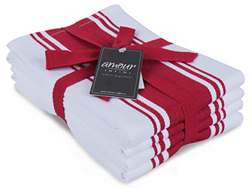 AMOUR INFINI Kitchen Towels 100% Cotton Pack of 4, Highly Absorbent Quick Drying Premium Striped Dish Towel for Kitchen with Hanging Loop Hand & Tea Towels (Red)