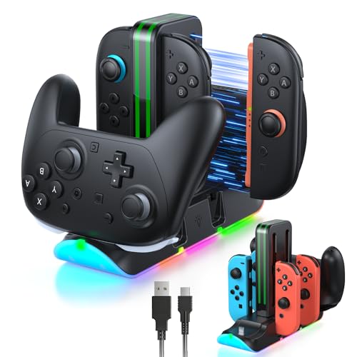 Image of FASTSNAIL Charging Dock Compatible with Switch 2 /1 for Joycon, Charging Stand for Switch 1 /2 P Controller with 9 RGB Lighting, Magnetic Charging Storage Station with Charging Indicator and USB Cable