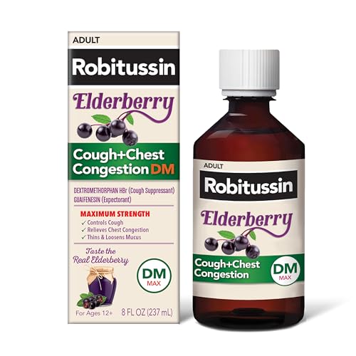 Robitussin Maximum Strength Elderberry Cough Plus Chest Congestion DM Cough Suppressant for Adults Providing Liquid Cough and Chest Congestion Relief - 8 Fl Oz