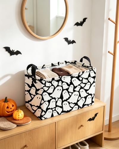 Image of Essme Rectangular Halloween Basket,Ghost Storage Bins Organizer with Handles for Room Decor, Gift Basket.(Black Cute Ghost)