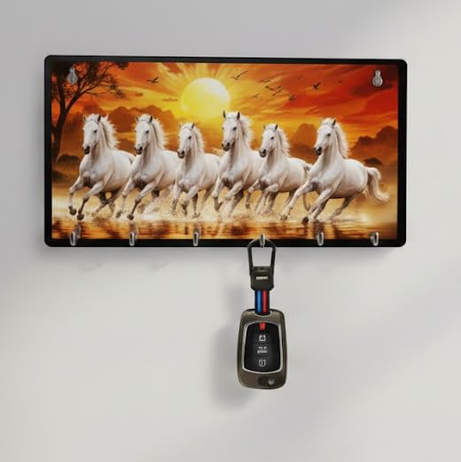 7 White Horses Wooden Key Holder for Wall | Vastu Lucky Key Stand with 6 Hooks | Decorative Sunset Horse Wall Art Key Hanger | Home Entrance Office Gift Item (10 x 6 Inch)-image-2