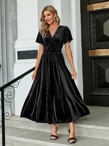 Image of Simplee Women's V Neck Velvet Maxi Dress Short Sleeve Empire Waist Long Formal Dress for Wedding Guest