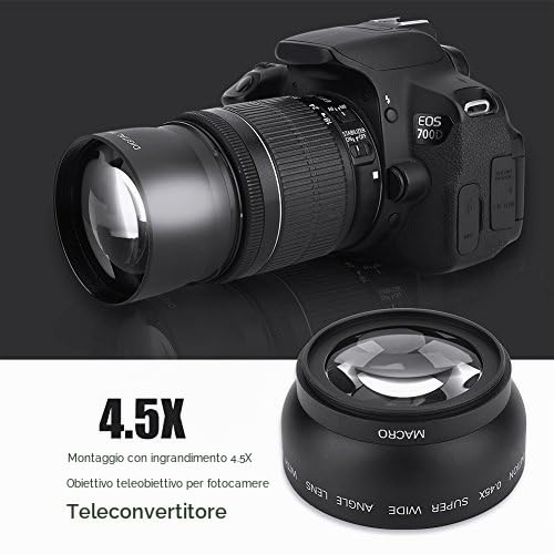 Obiettivo grandangolare 0,45 X universale, macro e nullo per fotocamere reflex e digitali (nero), adatto per lenti filettate da 52 mm