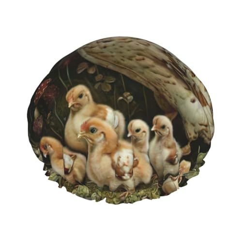 Gorro de ducha con estampado de cría de pollos, gorro de pelo reutilizable con forro y banda elástica con dobladillo elástico
