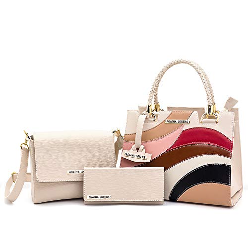 Kit Bolsa Castelo Marfin Detalhes Colorida +Bolsa Bau + carteira (Marfim)