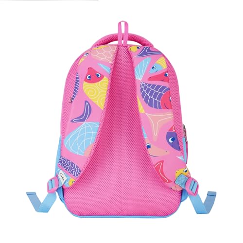 Image of Genie Finley Kids Backpacks, 15 inch Cute, Colourful Bags for Girls, Water Resistant and Lightweight, 3 Compartment with Happy Pouch, 20 Liters, Nylon Twill, Pink