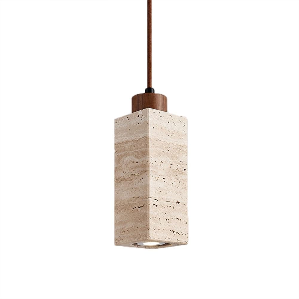 FEITENGDA Japanese Cuboid Travertine Pendant Light Minimalist Solid Wood Base Hanging Lamp Single Downlight Adjustable Height Chandelier for Bedroom Living Room Study