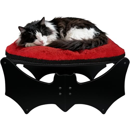 Gothic Cat Bed with Bat Design Wooden Elevated Cat Beds with Sisal Scratching Mat Cats Scratcher Bed with Removable Fluffy Cushion Raised Pet Bed for Large Cats 22 L x 17.7 W Black