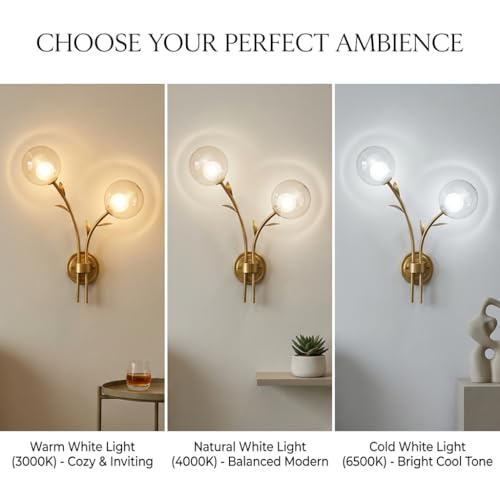 Image of 2-Light Gold Wall Lamp | 3-Color CCT (Warm + Natural + Cold White) | Dual Glass Globe Metal Wall Light for Living Room & Bedroom
