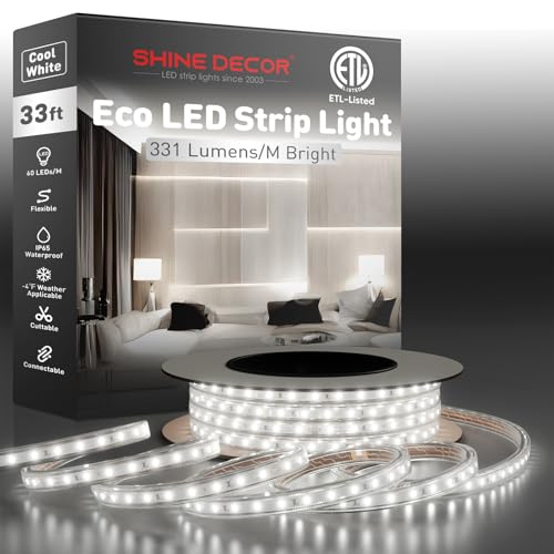 Image of Shine Decor LED Strip Light Easy Connectable, 6000K Cool White Cold Resist Weatherproof Plug-in for Indoor Outdoor, 101 LM /FT Dimmable Bright Eco Rope Lighting 32FT, 120V Whole Set ETL Listed