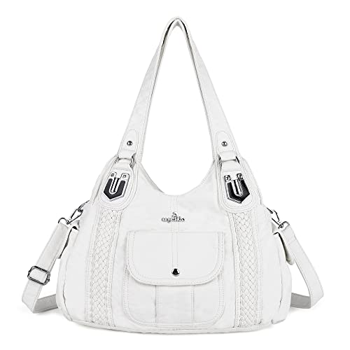 Angelkiss Purses and Handbags for Women Washed Vegan Leather Crossbody Hobo Satchel Shoulder Tote Purse(White)