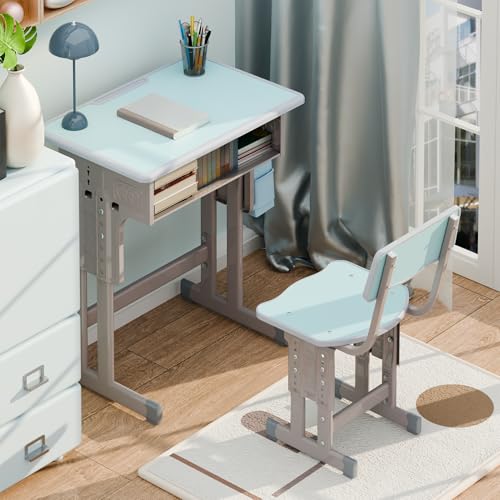 Haibinsuo Juego de escritorio y silla ergonómica para niños, altura ajustable, mesa de estudio de madera con cajón de almacenamiento y ganchos para bolsas escolares, muebles escolares seguros para