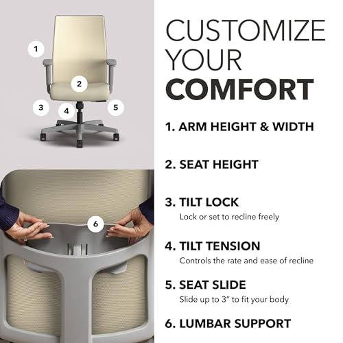 Image of HON Ignition 2.0 Mid Back Task Chair, Spectrum Mesh, Standard Synchro-Tilt Control, Office Chair with Lumbar Support, Height and Width Adjustable Arms, Titanium Frame, Linen