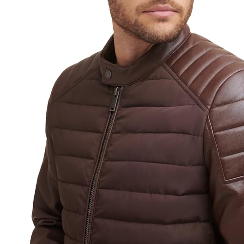 Image of DKNY Men's Mixed Media Faux Leather Puffer Motocross Racer Jacket