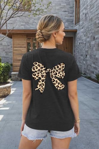 Image of Bow Leopard Shirt for Women Cheetah T-Shirts for Women Bow Graphic Tees Short Sleeve Aesthetic Tee Top