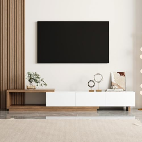 Homary Meuble TV Blanc et Noyer Moderne Console Rétractable et Extensible à 3 Tiroirs (Blanc/Noyer Clair)