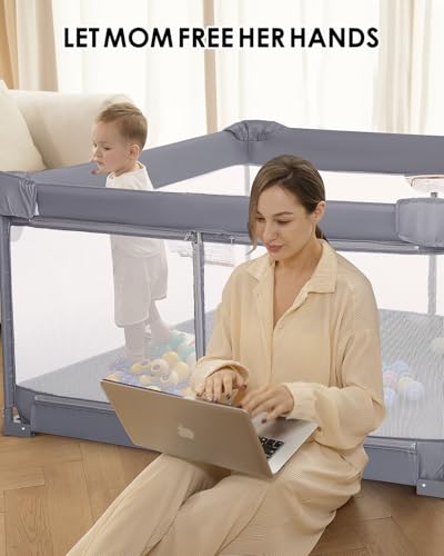 Image of Veraste Foldable Baby Playpen, 51 inchx51 inch Indoor & Outdoor Play Yard with Single-Joint Frame, Breathable Mesh, Non-Slip Base, Portable Playpen for Toddlers and Infants (Grey)
