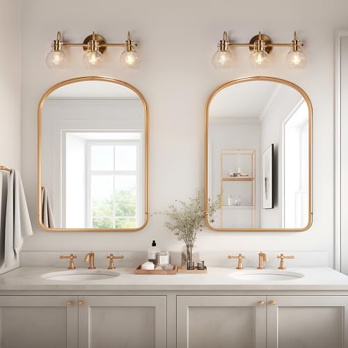 Image of KSANA Bathroom Vanity Light, 3-Light Gold Bathroom Light Fixtures, Electroplated Copper Modern Vanity Lights for Bathroom with Globe Clear Glass Shades