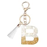 Suweibuke Cute Beige Key Chains for Women Girls, Initial Letter Keychains with White Tassel, Charms for Key Handbags Backpacks (B)