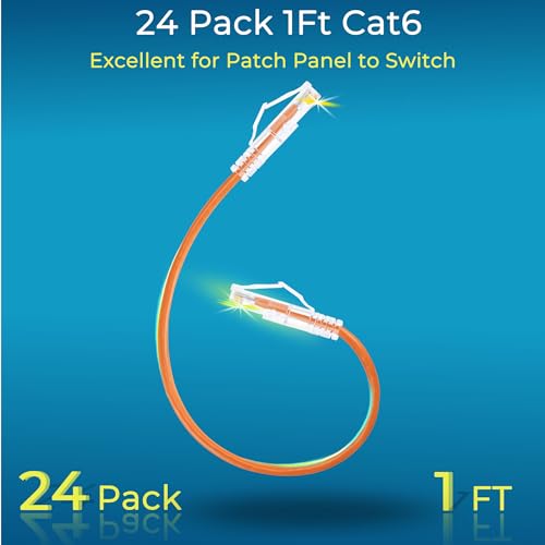 Image of Rapink Patch Cables Cat6 / Cat6a 1ft (24 Pack) Slim, Cat6a Ethernet Patch Cable 10G Support, Snagless Cat 6 Patch Cable for Patch Panel to Switch, Flexiable Cat6 Ethernet Cable Orange