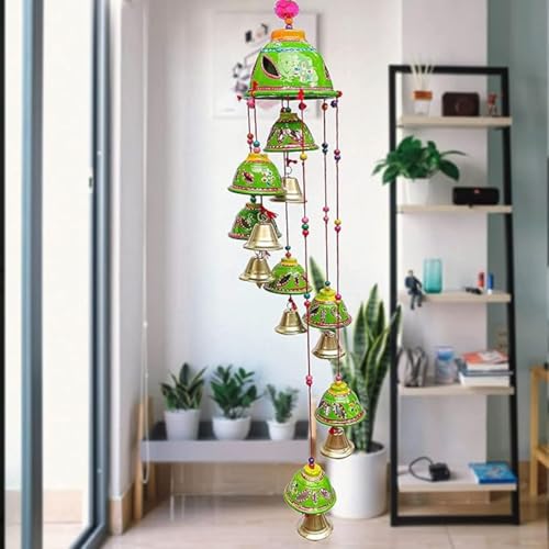 Image of Bindian Rajasthani Handcrafted 8-Bell Hanging Windchimes | Traditional Plastic Latkan for Home Decor, Vastu & Positive Energy | Elegant Wall Hanging for Balcony, Living Room (Green-2)