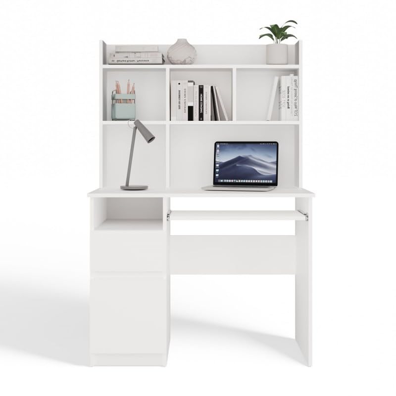 CDF Schreibtisch mit Aufsatz Porto Computertisch Arbeitstisch mit Regal Schublade Schrank Tastaturauszug Home Office Links 98 x 51 x 145 cm - Weiß