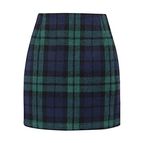 Kinghua Womens Wool Plaid Mini Skirt Fall Winter High Waisted Bodycon Pencil Skirt - Image 3
