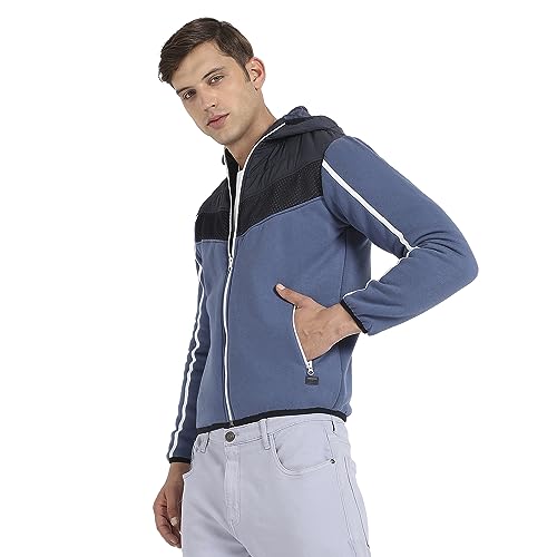 Image of CAHOOT Men's Prussian Blue Contrast Panel Puffer Jacket With Insert Pocket For Casual Wear | Hood Neck | Long Sleeve | Zip Closure | Polyester Jacket Crafted With Comfort Fit For Regular Wear