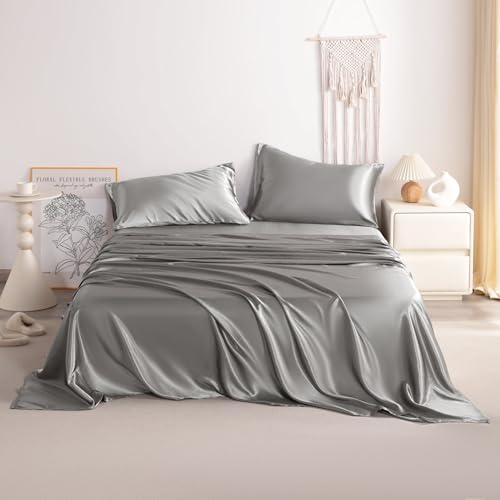 NTBAY Queen Satin Sheet Set, 4 Piece, Grey - image 2