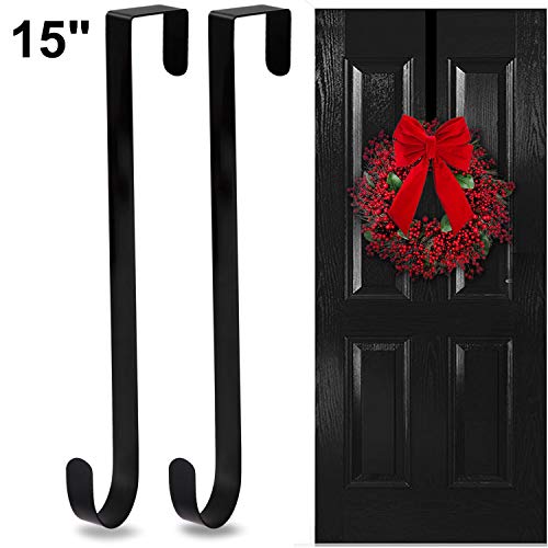 ESFUN 2 Pack 15" Black Wreath Hanger for Front Door, Metal Wreath Hooks