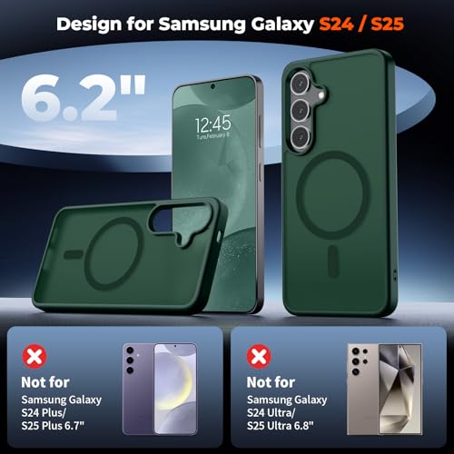 Image of SUPFINE Magnetic for Samsung Galaxy S24 Case / S25 Case with Screen Protector, (Built-in Magnets) (Military Grade Drop Protection) Slim Translucent Shockproof Phone Case,Forest Green
