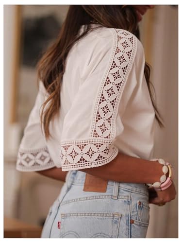 GORGLITTER Women's Embroidered Lace Boho Tops Half Sleeve Crop Crewneck Hollow Out Tee Shirts2