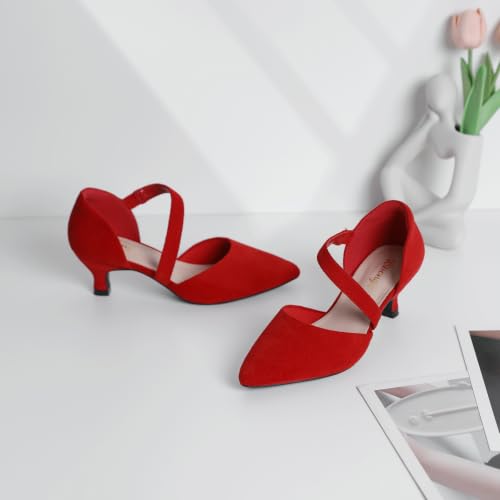 Image of RIBONGZ Kitten Heels for Women Closed Toe Comfortable Low Heels Pointed Toe Sexy Slip on Pumps Bridal Party Dressy Shoes