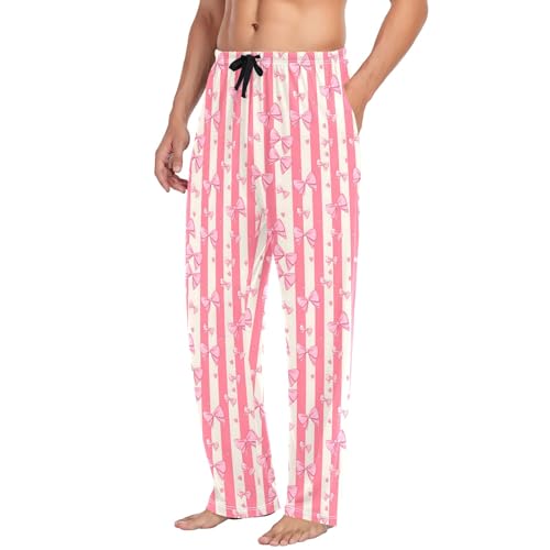Mens Cotton Pajama Pants Sleep Lounge Pj Bottoms Sleepwear with Pockets Drawstring S Pink Striped Background Bow4