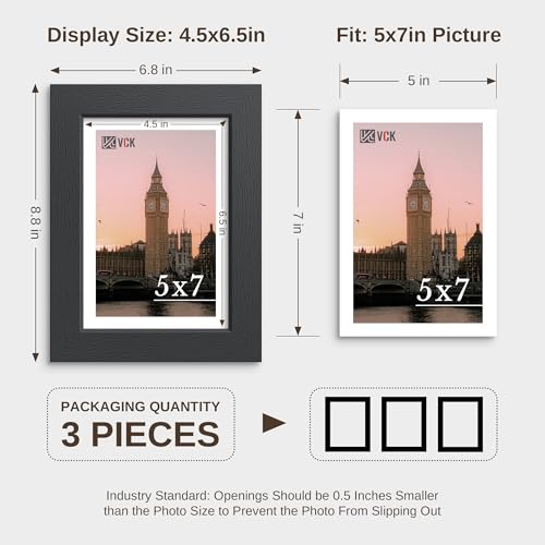 Image of VCK 5x7 Picture Frames - Black, Wide Border Solid Wood Frame, Display Photo in Horizontal and Vertical, for Home, Office, Gallery, Woodgrain Series, Table Display or Wall Hanging, 3 Pack