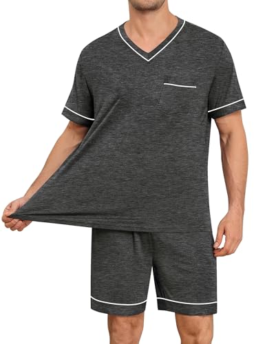 SWOMOG Mens Pajama Set Short Sleeve Pjs Set V-Neck Sleepwear 2 Pcs Soft Modal Lounge Sets Comfy Nightwear with Pockets3