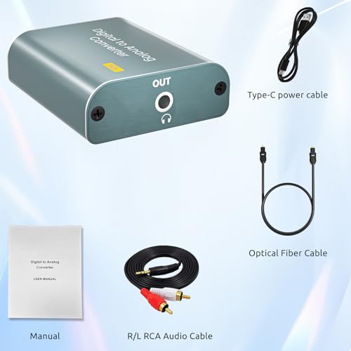 Optical to 3.5MM Audio Converter 192kHz Digital to Analog Audio Converter Optical SPDIF to 3.5 Jack AUX RCA Adapter with ToslinkOptical Cable and 3.5 to RCA Cable