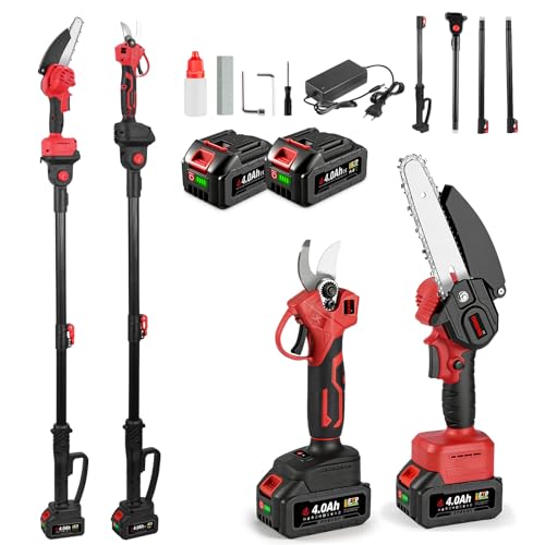 ONEVAN tijeras de podar telescópicas y motosierra telescopica bateria, 4 en 1 podadora de altura con 2 baterías de 4,0 Ah, sin escobillas 6' mini motosierra + podadora 25 mm + pértiga telescópica 2m