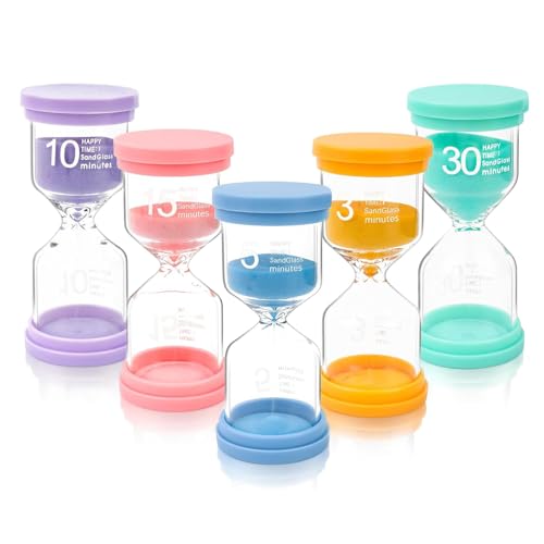Multi-Color Sand Timer Visual Time Management Hourglass Set 3/5/10/15/30 Min Sand Clock for Cooking Games Classroom & Productivity Durable Acrylic Multi-Purpose Design Pack of 5