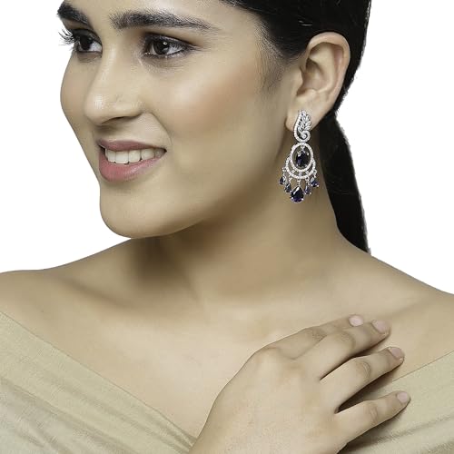 Image of ZENEME Rhodium-Plated American Diamond Studded Oval & Leaf Shaped Drop Earrings For Girls and Women
