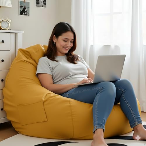 Image of 4XL Leatherette Bean Bag Chair with Footrest & Cushion with Beans Filled (Ready to Use) Color- (Yellow, Bean Bag Only)