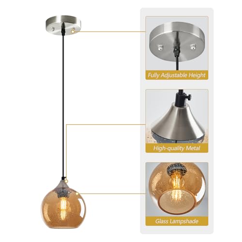 Image of Amber Glass Pendant Lights Kitchen Island Globe Pendant Light Fixtures Modern Pendant Lighting for Bedroom Living Dining Room Light Fixture (5.9 in, 3 Pack)
