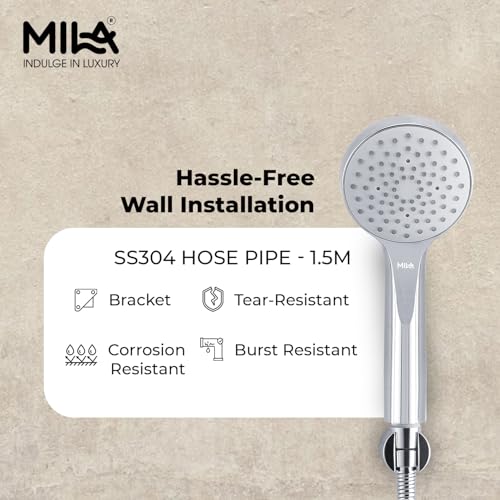 Image of Mila Hydroflo Single Function Hand Shower Rain Spray Mode | Chrome Finish |ModernDesign | Includes Hose (1.5m), Bracket & Installation Kit (Φ90mm)