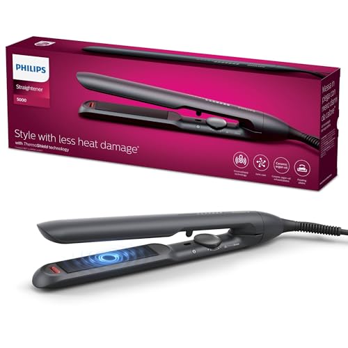 Philips Plancha de pelo serie 5000 con Tecnología ThermoShield, Iones, Placas de 105mm de Largo Flotantes con Aceite de Argan, 50% más rapida, BHS510/00, Malva
