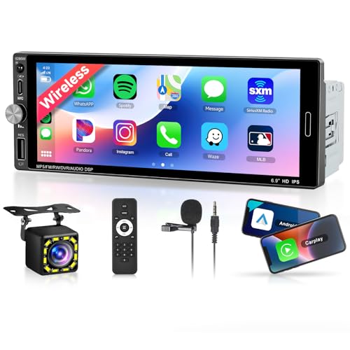 Single Din Car Stereo with Wireless Carplay Android Auto-2025 Upgraded Bluetooth 5.2 Type-C Dual Mic 6.9 Inch IPS Touch Screen Car Radio with Backup Camera Mirror Link FM USB EQ SWC