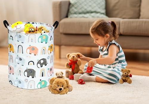 Image of Round Rainbow elephant Pattern Laundry Hamper Clothes Storage Basket Fabric Storage Hamper Organization Storage Bin, Nursery Box,Gift Basket with Handles