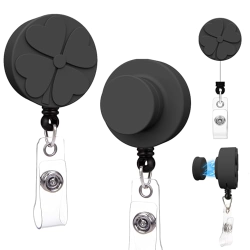 Porte-badge magnétique trèfle à 4 feuilles avec enrouleur rétractable noir (Lot de 2)