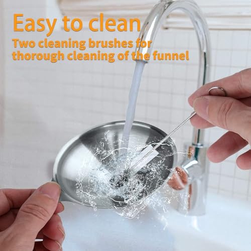 Image of Stainless Steel Funnels Set 3 Pcs - Food Grade Metal Mini Kitchen Funnels with 2 Cleaning Brushes, Small Funnels for Liquid, Oil, Spice & Powder Transfer, Narrow Mouth Nozzles