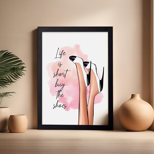 Image of Poster Master Life is Short Buy The Shoes Poster - Fashion Print - Trendy Art - Modern Art - Gift for Her & Fashionista - Luxury Haute Couture Decor for Bedroom or Girls Room, 16x20 Black Framed