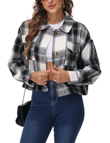ジャケット・アウター Plaid Shacket Jacket For Women Button SEARIPE Women's Casual Plaid Shacket Jacket Flannel Wool